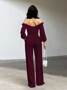 Mujer mono sexy elegante cruzado fit holgado escote V hombros descubiertos manga larga primavera verano eventos pantalón largo - Rojo Violeta - Ver 3