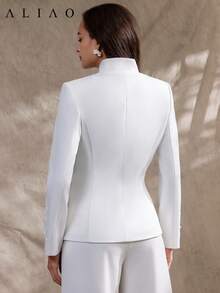 Aliao Court 风格 3D 立体花卉刺绣亮片腰线 V 领西装外套，简约风格，优雅日常穿着及商务休闲外套，适合秋季、万圣节、老钱风格，纽扣大衣，春季白色 - 白色 - 查看 6