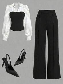 Women's Thin Striped Patchwork Elegant Casual 2-Piece Set, Long Sleeve Top And Pants, Suitable For Office And Home, Spring/Summer/Autumn