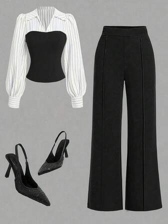 女式薄款条纹拼接优雅休闲两件套，长袖上衣和裤子，适合办公室和家居，春夏秋