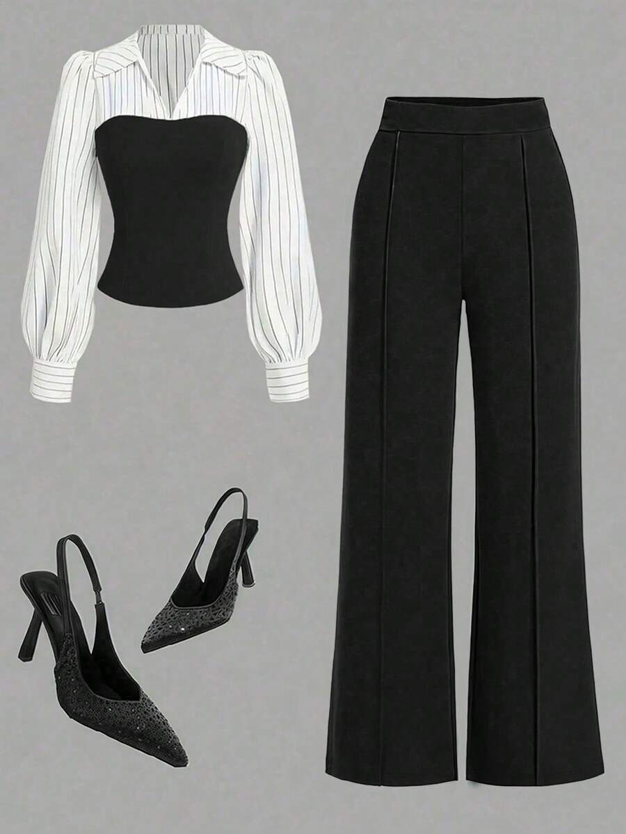 Women's Thin Striped Patchwork Elegant Casual 2-Piece Set, Long Sleeve Top And Pants, Suitable For Office And Home, Spring/Summer/Autumn