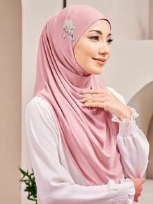 1pc Ready To Wear Instant Hijabs With Pearl Decor, Fashionable Solid Color Convenient Daily Wear Muslim Headscarf