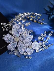 1pc Elegant Ombre Floral Headband With Sparkling Rhinestone Alloy Leaf Decor, Romantic Bridal Headpiece Suitable For Wedding, Halloween, Christmas, Party, Photography