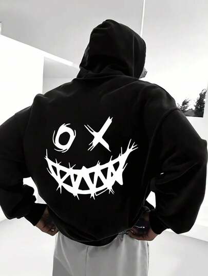 Teen Boy Style, Exaggerated Smiling Face Pattern Print, Casual Hooded Sweatshirt, Spring And Autumn Season, Shopping, Travel, Travel, School Party Matching Teen Boy Clothes Boys Sweatshirts Black Sweatshirt