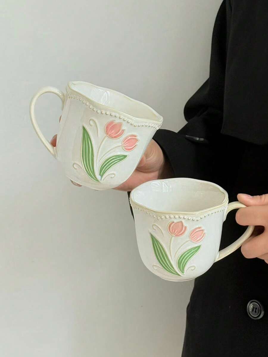 1 pieza Taza de café con diseño de tulipán en relieve y acabado de esmalte craquelado vintage, taza de cerámica de alta calidad para arte de latte, elegante taza para el té de la tarde, taza para desayuno y leche. Adecuada para restaurante, sala de estar, regalo de cumpleaños, regalo para ella, regalo para la mejor amiga