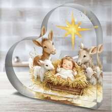 1 Stück, herzförmiges Acryl-Ornament mit Weihnachtskrippen-Motiv, perfekt für Heim- und Bürodekoration, ideales Feriengeschenk, moderner Stil, religiöses Thema, Weihnachtsdekoration