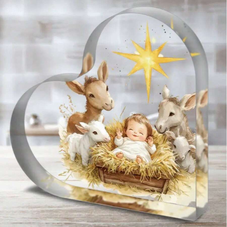 1 Stück, herzförmiges Acryl-Ornament mit Weihnachtskrippen-Motiv, perfekt für Heim- und Bürodekoration, ideales Feriengeschenk, moderner Stil, religiöses Thema, Weihnachtsdekoration