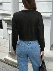 FOR BEAUTY 女士圆领长袖开衫，黑色纯色简约修身短款通勤上衣，休闲百搭针织衫，新年 - 克色 - 查看 6