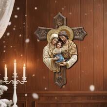1/2pcs 3D Jesus Family Cross Wooden Pendant, Religious Theme, Suitable For Home Room Wall Decor, Gift For Friends And Family, Holiday Decoration - Multicolor-punched Hemp Rope - View 4