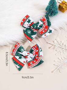 2PCS Christmas Green Bow Hair Clip For Girls, Christmas Tree Snowflake Print Bownot For Kid And Girls