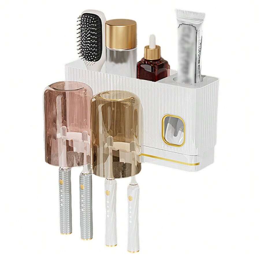 Toothbrush Holder With Toothpaste Dispenser Space Saving Brushing Organize Box - White - View 1