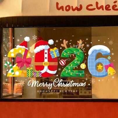 Un conjunto de 4 pegatinas de vidrio navideñas con las palabras "2026", sombreros navideños, astas, campanas, patrones de "Feliz Navidad" y pegatinas estáticas para ventanas navideñas. Adecuado para decorar puertas, ventanas, escaparates y vidrio de refrigerador.