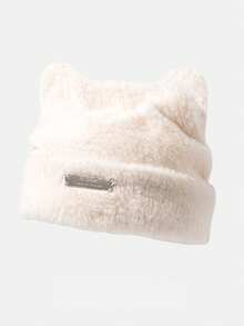 1 件秋冬新款猫耳毛绒针织帽，时尚百搭，适合女性 - 白色 - 查看 4