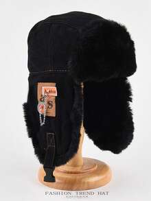 1pc Plush Plus Thickened Earmuffs Windproof Aviator Cap With Chain And Cloth Label For Men Women, Solid Color Casual Polyester Trapper Hat, Winter