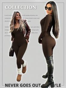 Yefecy 女式罗纹长袖连体裤 - 纯色紧身连体衣，适合瑜伽和健身，无缝 - 咖啡棕 - 查看 5