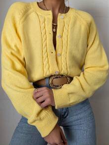 Women's Stylish Commuter Solid Color Cable Knit Button Front Cardigan, Spring/Autumn/Winter - Yellow - View 1