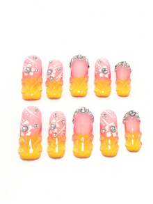 10片手工制作，3.3厘米方形可佩戴美甲贴片，沙滩必备，美甲贴片，按压式美甲，美甲用品，夏季美甲，按压式亚克力美甲，长指甲，钻石，花朵，腮红，立体造型，法式，渐变，三维雕塑凝胶，百搭，朋克风，适合海滩，沙滩手工按压式美甲贴片 - 彩色 - 查看 3