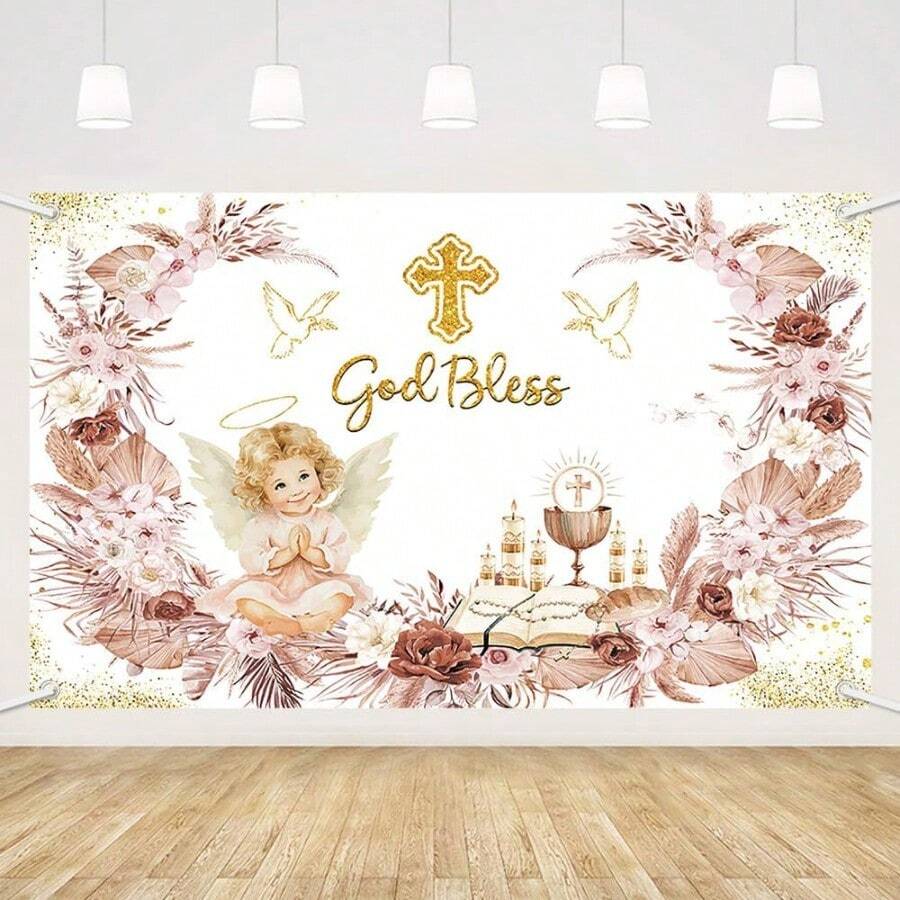 DMEHOFOND Boho Girl God Bl Baptism Backdrop First Holy Communion Party Decorations Newborn Baby Party Plies Banner Boho Floral Baby Shower Photography Background Decor Plies 6x3.6ft10 - Boho - 查看 1