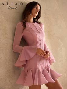 Đầm dạ hội mini kiểu dáng sang trọng, xếp ly eo của A&A, thanh lịch, màu trơn, phong cách cổ điển, kín đáo, thích hợp cho mùa cưới, ngày Valentine, mùa thu đông, tiệc trắng, phong cách quý tộc xưa, trang phục năm mới. - Hồng - Xem 5