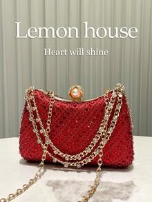 1pc Shiny Rhinestone Embellished Red Clutch Bag, Elegant And Fashionable For Evening Gowns, Suitable For Cocktail Party, Wedding, Prom, Formal Occasions - Red - View 3