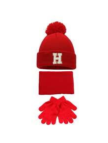 3 Stücke Kinder Winter Gestrickte Mütze, Schal und Handschuhe Set, Unisex Warmes Accessoire Set für Mädchen, Kinder