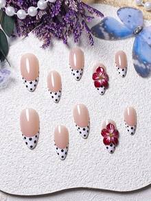 10 件手工制作杏仁形红色法国波尔卡圆点 3D 美甲贴纸，优雅奢华指甲贴花 - 彩色 - 查看 5