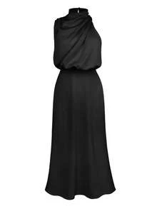 Vestidos De Satén, Vestidos Largos Elegantes Sin Mangas Dama, Alto Elegante De Satén De Alta Gama De Cuello Alto - Negro - Ver 8