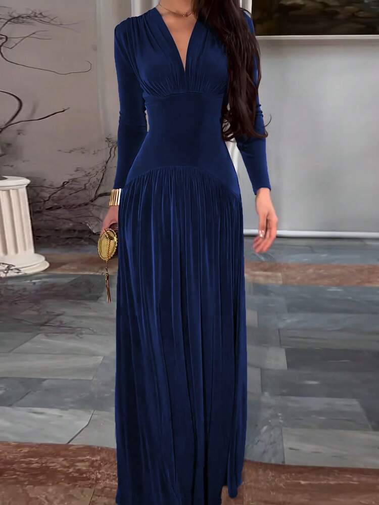 فستان أنيق للنساء بياقة على شكل حرف V وأكمام طويلة للخريف/الشتاء من القطيفة، بلون أحادي، قماش مُحبك أنيق مع حافة مكسرة، ثوب سهرة رسمي - الأزرق - مشاهدة 1