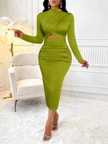 Women's Solid Color Stand Collar Long Sleeve Fitted Elegant Ruched Waist Dress - Green - View 3