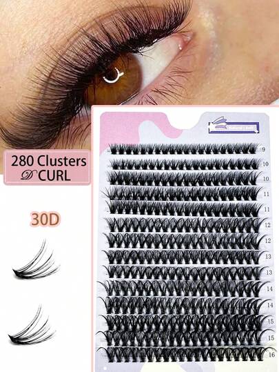 280 piezas de pestañas en racimo 30D DIY Extensión de pestañas individuales D Curl Largo Bandeja mixta de extensiones de pestañas de imitación de visón 0.07Negro (30D-0.07D-9-16mm)