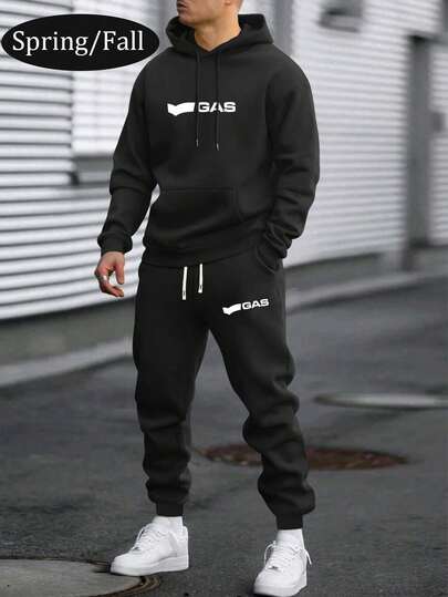 Men's Lightweight Regular Fit Hoodie And Sweatpants Set, Personalized Letter Print Pattern, Fashionable Casual Outfit With Pockets And Drawstring Waist, Suitable For Outdoor Activities, Travel And Relaxation, Great Gift For Husband Or Boyfriend, Spring/Autumn Wear