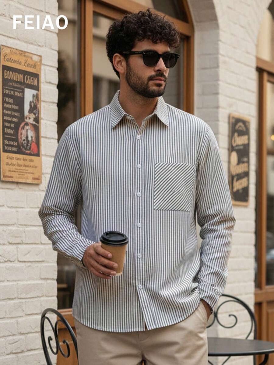 Men's Retro American Casual Striped Long Sleeve Shirt, Versatile And Suitable For All Seasons - Blue - View 1