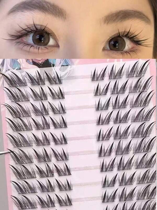 10 pares de cílios postiços de anime D-Curl, cílios individuais em cluster estilo raposa, visual glamouroso natural, cílios estilo anime, alongamento, fofos e pontudos, leves e curvados, cílios postiços grossos, estilo natural individual segmentado, densidade longa de vison falso, reutilizáveis, confortáveis, cílios de vison falso sem costura, adequados para festas em casa, Natal, viagens, fotografia, maquiagem para festas