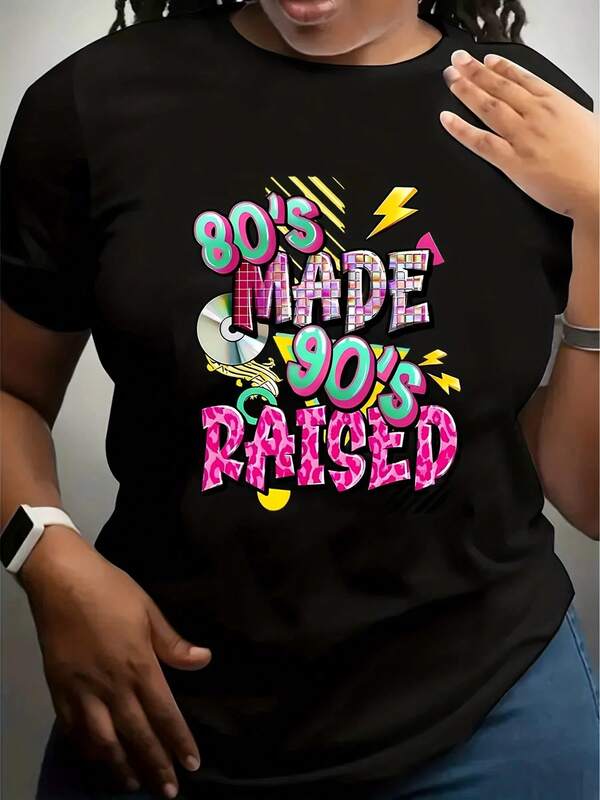 Plus Size, Women's 80s & 90s Retro Graphic T-Shirt - Neon 90's Made Raised Vintage Design With Cassette Tapes & Pop Art - 80s 90s Nostalgia Party Outfit, Relaxed Fit Round Neck Summer Casual Tee,220g