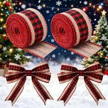 2 Rolls Of Christmas Red And Black Checkered Ribbon With Jute Thread Trim, Crafted From Woven Fabric. Ideal For Decorating Doors, Windows, Railings, Christmas Trees, And DIY Bow Wrapping Home Decor Christmas Decorations Room Decor Winter