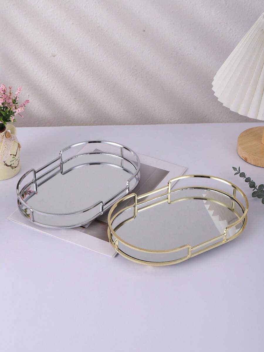 1pc Iron Oval Glass Mirror Tray, Elegant European Style Glass Storage Tray For Home, Living Room, Coffee Table, Luxury High-End Tableware Display,Room Decor - Multicolor - View 1