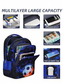 3 pezzi Set di zaini con stampa calcio, design a scomparti multipli di grande capacità, fodera in poliestere, cinghie per le spalle regolabili e confortevoli, tasche laterali per bottiglie d'acqua e ombrelli, adatto per uso quotidiano e viaggi, zaino in poliestere resistente all'acqua e durevole, regalo per il ritorno a scuola o il Natale