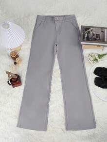 Apperloth A Elegant High Waist Double Button Slant Pocket Slim Flare Leg Pants Spring - Grey - View 7