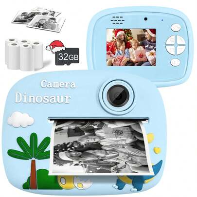 Fotocamera digitale per bambini con stampa istantanea, 2 in 1: fotocamera digitale con dinosauro o unicorno e stampante integrata, schermo da 2,4", 32G di memoria e carta - il regalo creativo ed educativo perfetto per bambini dai 3 ai 12 anni (4 colori)