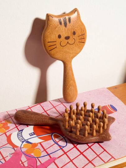 Joivida 1 件木制宽齿按摩梳，可爱猫形，光滑齿，可舒适按摩头皮，造型刷，送给朋友的礼物，发刷，梳子，美发工具，理发沙龙美发产品和配件，美容旅行必需品，返校，旅行度假必需品，女士发饰