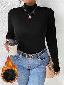 Plus Size Women's Solid Color Fleece Pullover, Warm & Comfortable Tight Fit Long Sleeve High Neck Casual Undershirt, Autumn/Winter - Black - View 8