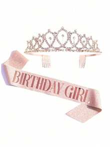 2 件女孩优雅生日派对头饰玫瑰金皇冠发饰套装带水钻装饰