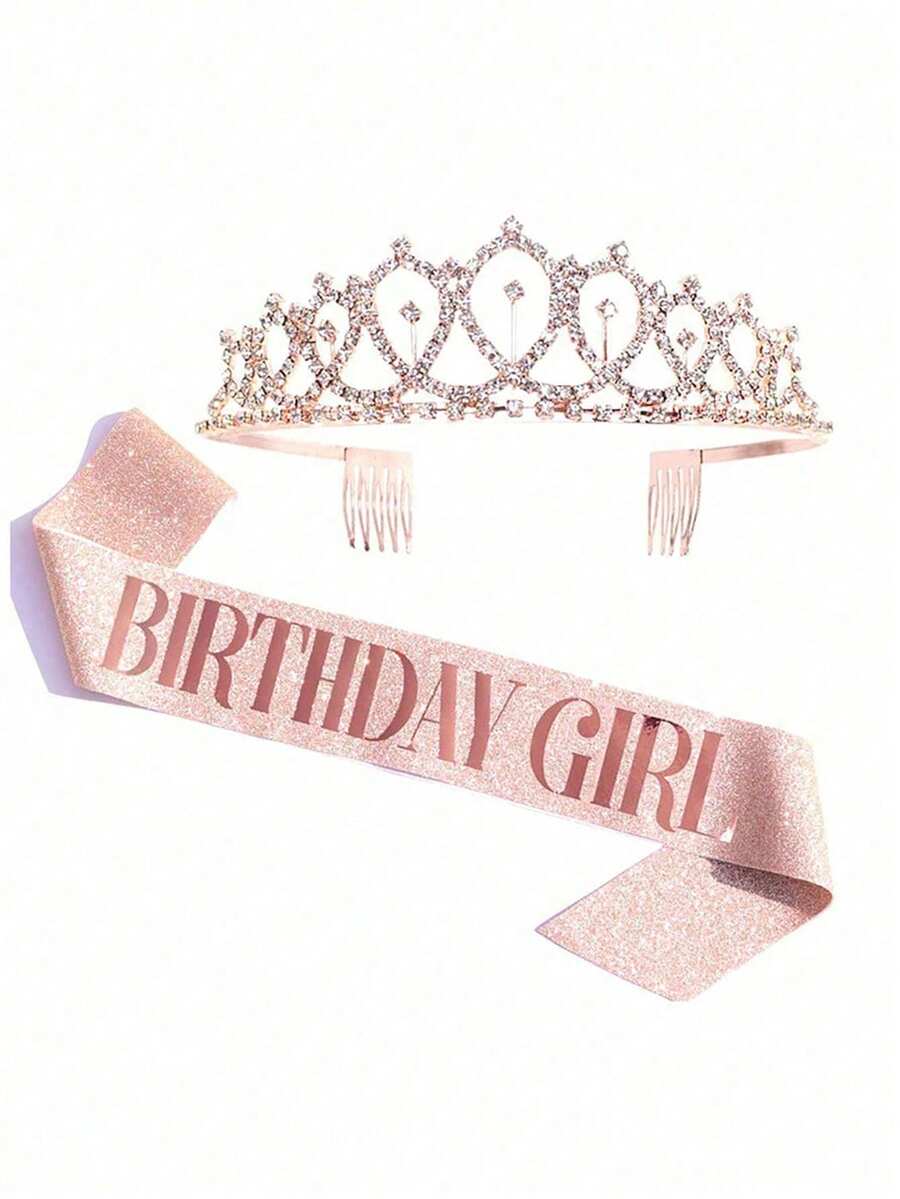 2 件女孩优雅生日派对头饰玫瑰金皇冠发饰套装带水钻装饰