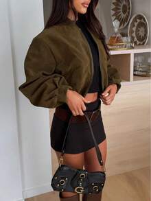 Áo khoác ngắn nhung trơn màu cổ điển dành cho nữ, áo khoác bomber thường ngày thu/đông - Màu xanh Ô liu - Xem 7