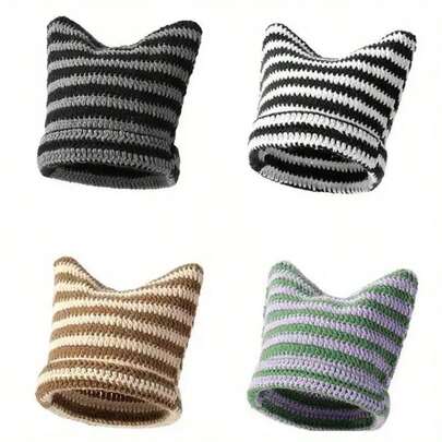 1pc Unisex Cat Ear Knit Beanie - Winter Warm Ear Flap Hat, Stretchy Cold Weather Headcover, Suitable For Women And Men, Comfortable Fit For Party Costume - Perfect Christmas Valentine's Day Gift (Hand Wash Only), Fashionable Design, Soft Material, Hand Washable, Couple Accessory