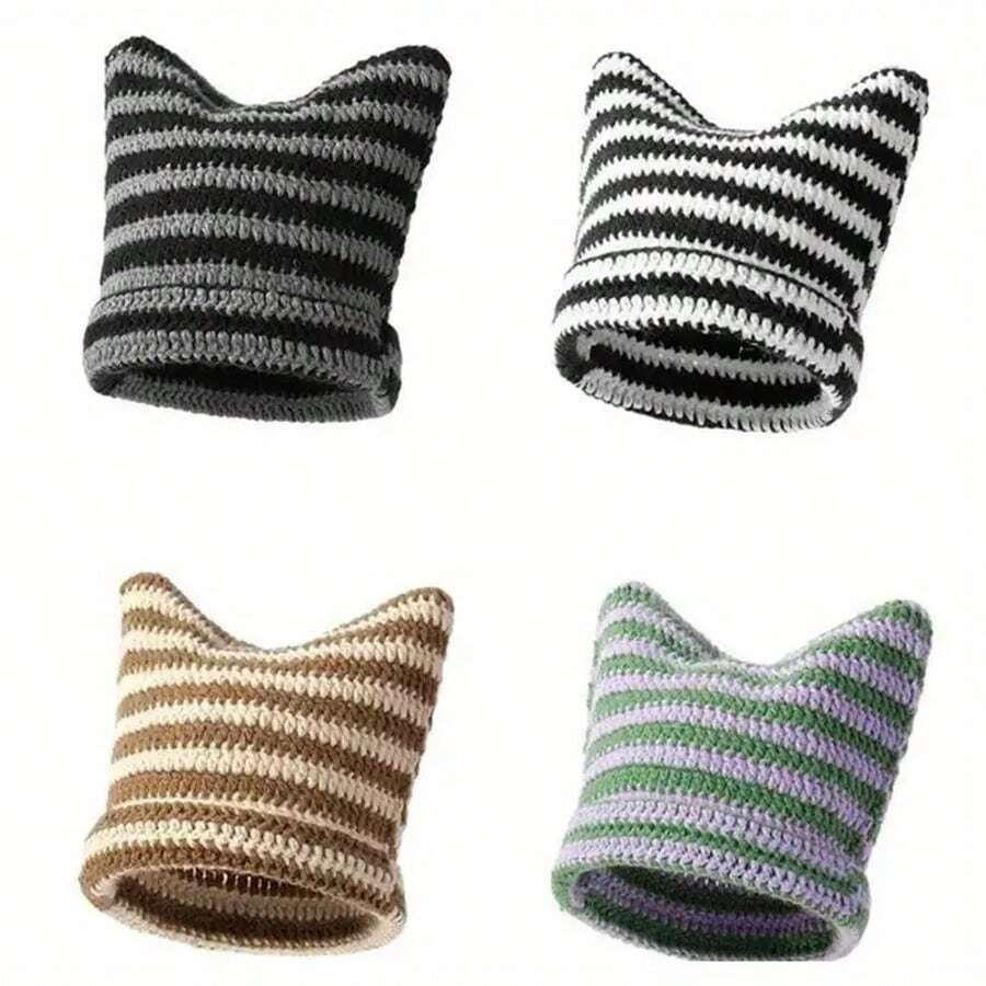 1pc Unisex Cat Ear Knit Beanie - Winter Warm Ear Flap Hat, Stretchy Cold Weather Headcover, Suitable For Women And Men, Comfortable Fit For Party Costume - Perfect Christmas Valentine's Day Gift (Hand Wash Only), Fashionable Design, Soft Material, Hand Washable, Couple Accessory