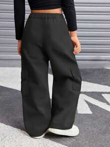 1 pieza Pantalones cargo de pierna recta larga de poliéster de unicolor simple y casual con múltiples bolsillos, adecuado para niñas de 4 a 7 años, otoño/invierno - Negro - Ver 3