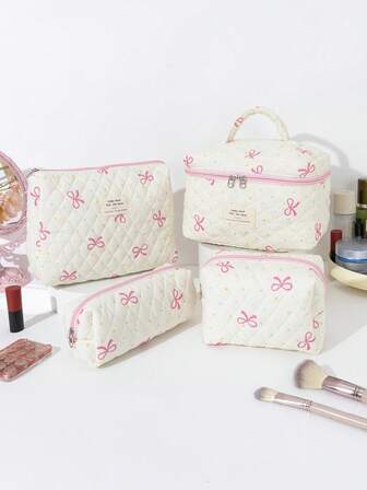 1 pieza Bolsa de maquillaje de gran capacidad con cremallera con lazo, bolsa de almacenamiento multifuncional para cosméticos, cables de datos, paleta de sombras de ojos, lápiz labial, lápiz de cejas, etc. Adecuado para el hogar, viajes, regalos para el Día de San Valentín, Acción de Gracias, cumpleaños, estudiantes, graduación, regalos de Navidad, bolsa, viaje, regalos para mujeres, neceser de mujer, artículo de viaje, bolsa, embrague / bolso pequeño, neceser, organizador de maquillaje, organizador de maquillaje, bolsa, soporte de brochas, mini bolsa, bolsa de gran capacidad