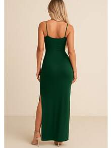 Women's Elegant Casual Long Dress In Ribbed Knit With Side Slits - màu xanh lá - Xem 3