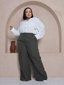 Plus Size Wide Leg Pants, New Fashion Tailored Fabric - Army Green - View 2